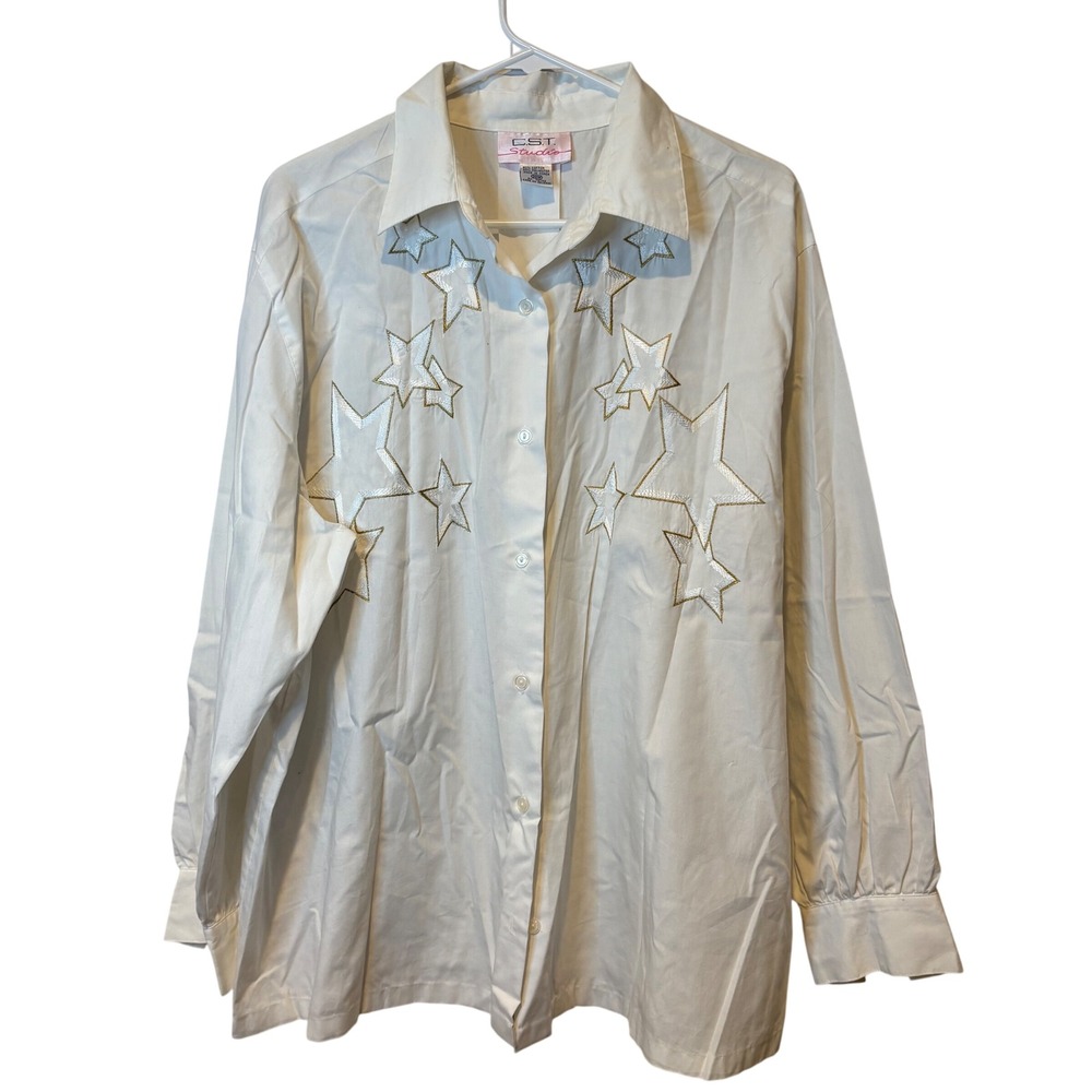 Vtg‎ 90s CST Studio White Button Up Shirt Gold Star Embellishments Womens 20W